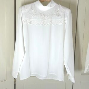 Vintage Blouse Womens 12 White Embroidered Mock Neck Victorian Kathy Lee